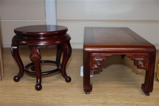 A Chinese cabriole leg wood stand and a rosewood and burr wood stand longest 30.5cm